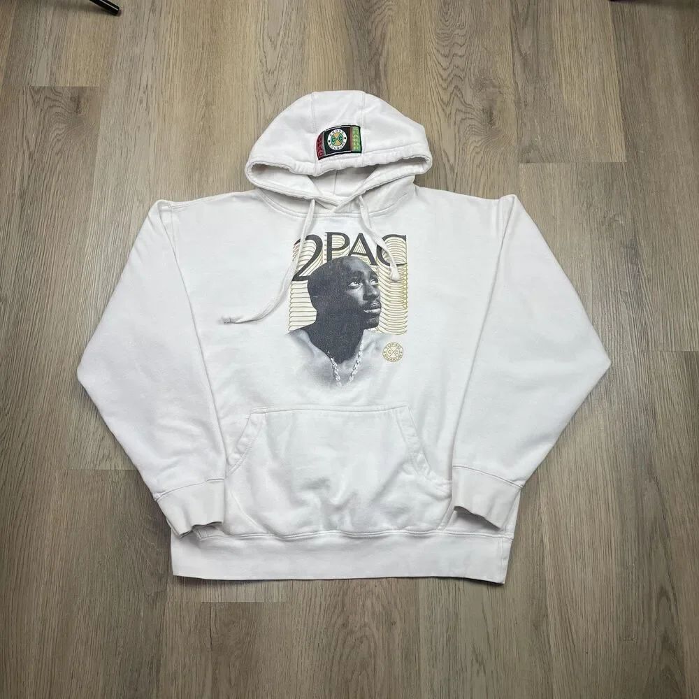 2Pac Shakur Cross Colours Hoodie Mens Large White Graphic Hip Hop Rap Pullover